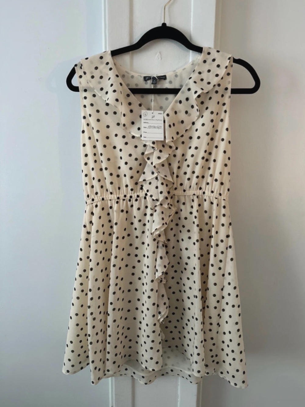 Adrianna Papell Ivory and Black Polka Dot Ruffle V-Neck Dress